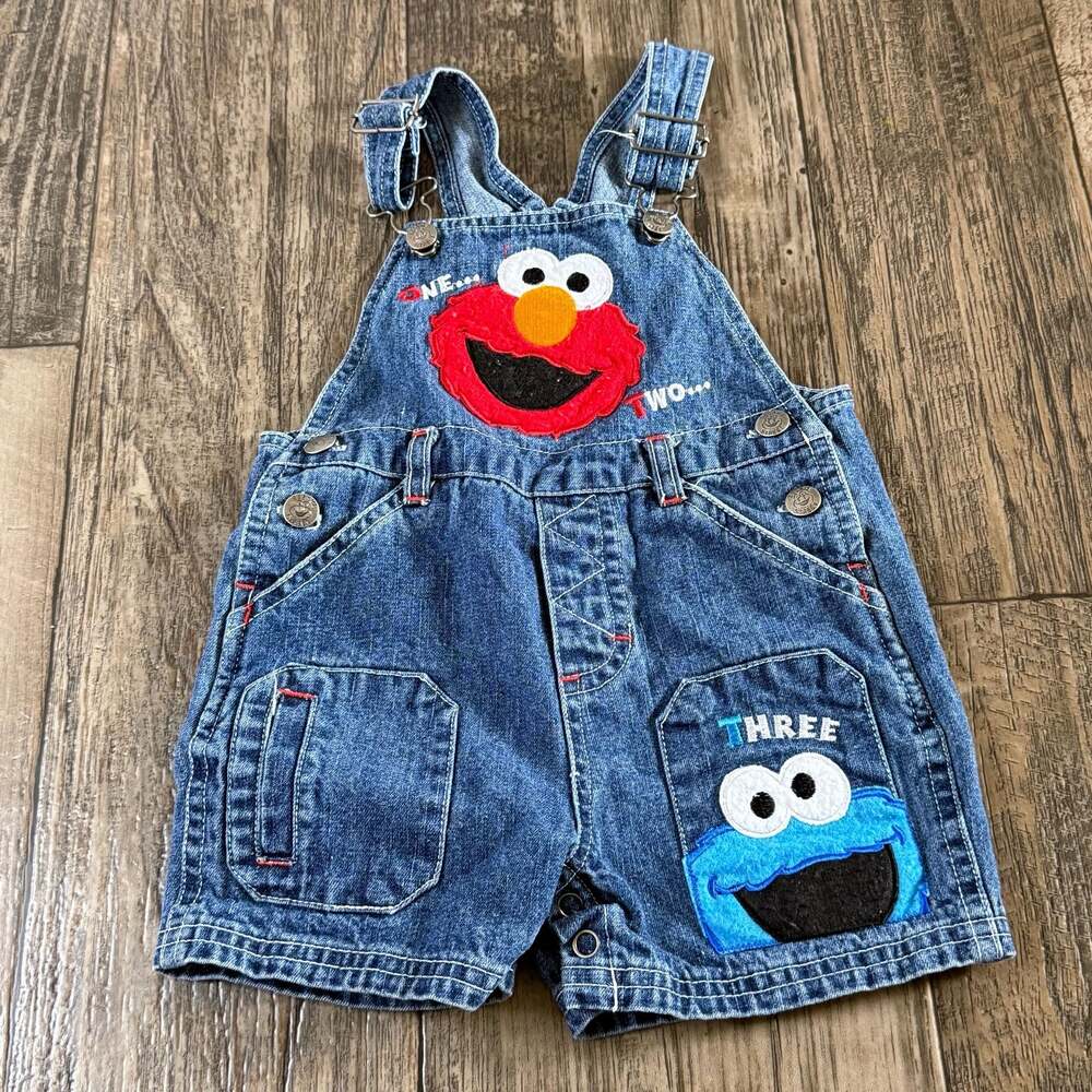Sesame Street Elmo & Cookie Monster Denim Overalls Size 12M Y2K Vintage